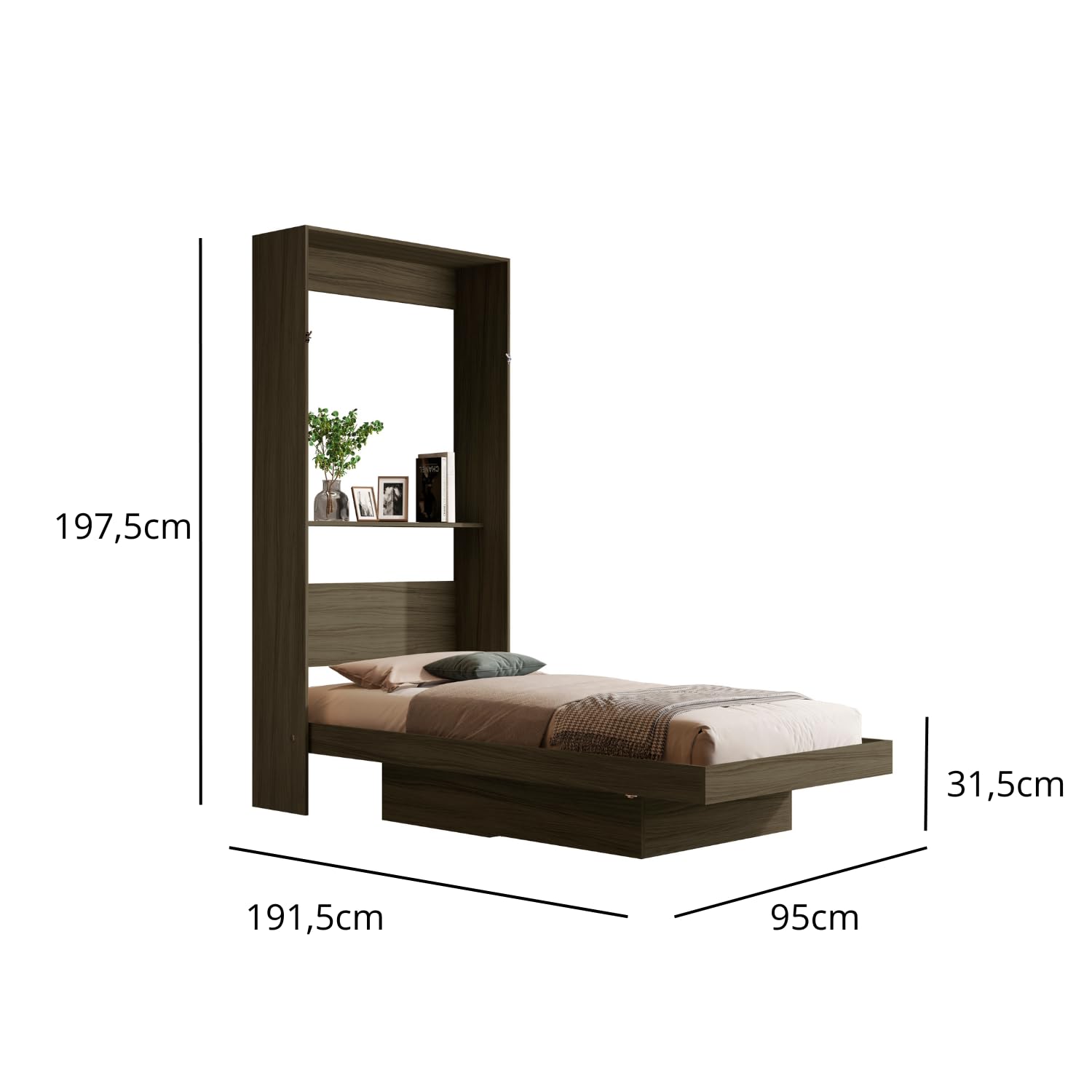 Cama Solteiro de Parede Articulada com Nichos (Castanho) em MDF e MDP, Ideal para Colchão 188x88 - Imagem 5