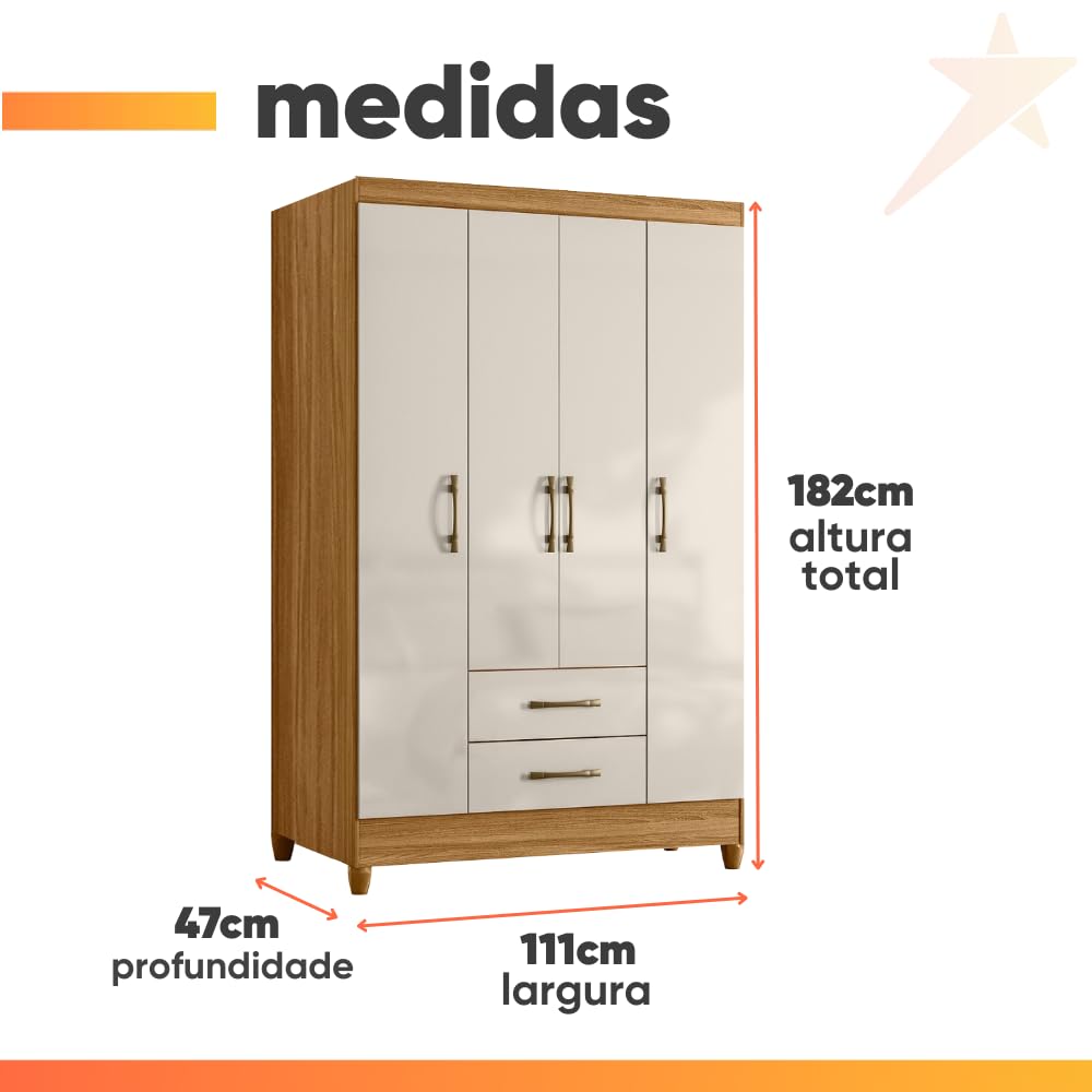 Guarda Roupas Solteiro 4 Portas 2 Gavetas Armany Madeirado/Off White - Imagem 7