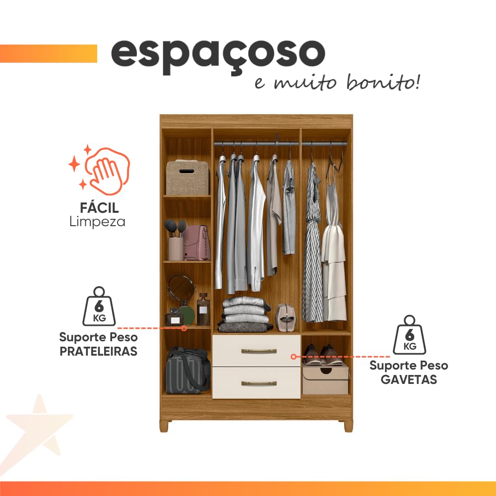 Guarda Roupas Solteiro 4 Portas 2 Gavetas Armany Madeirado/Off White - Imagem 6