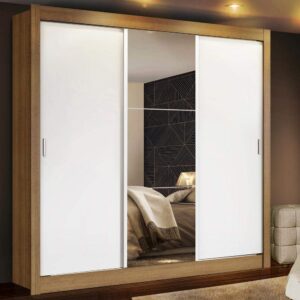 Guarda-roupa Casal Madesa Mônaco 3 Portas de Correr com Espelho - Rustic/branco