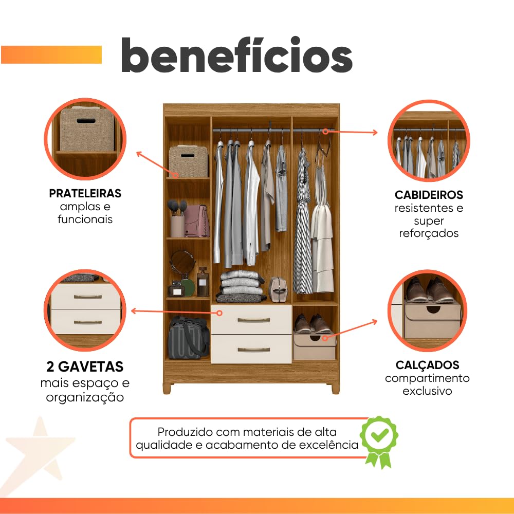 Guarda Roupas Solteiro 4 Portas 2 Gavetas Armany Madeirado/Off White - Imagem 2