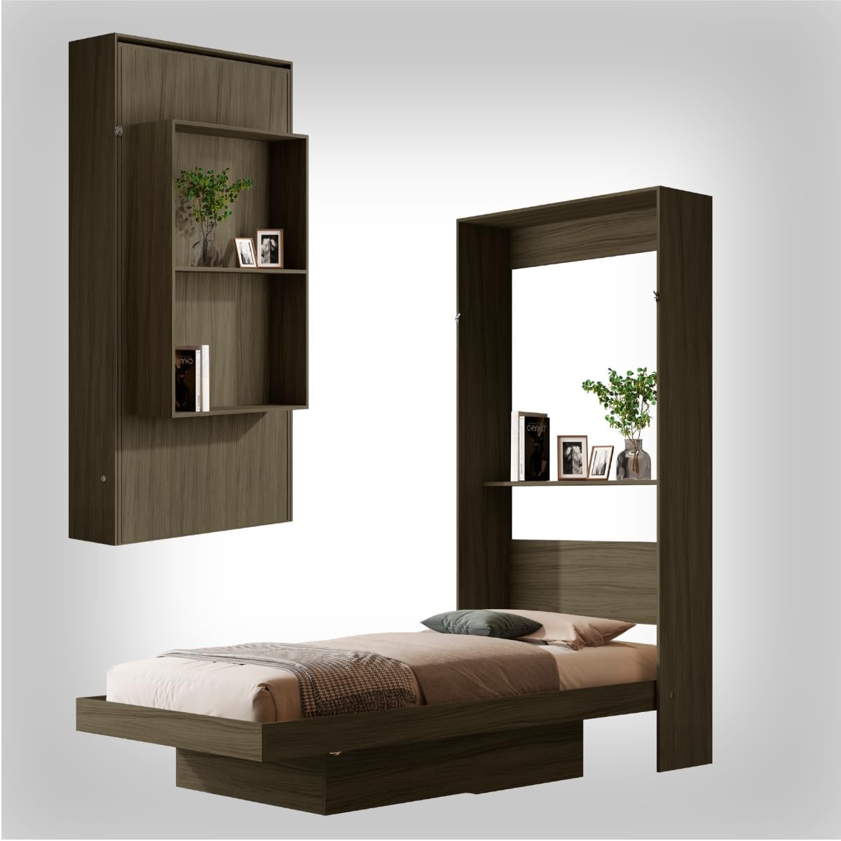 Cama Solteiro de Parede Articulada com Nichos (Castanho) em MDF e MDP, Ideal para Colchão 188x88 - Imagem 2