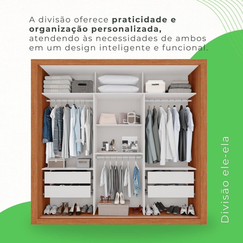 Guarda Roupa Casal 3 Portas com Espelho 4 Gavetas Costa Rica Sallêto Móveis Cinamomo/off-white - Imagem 8