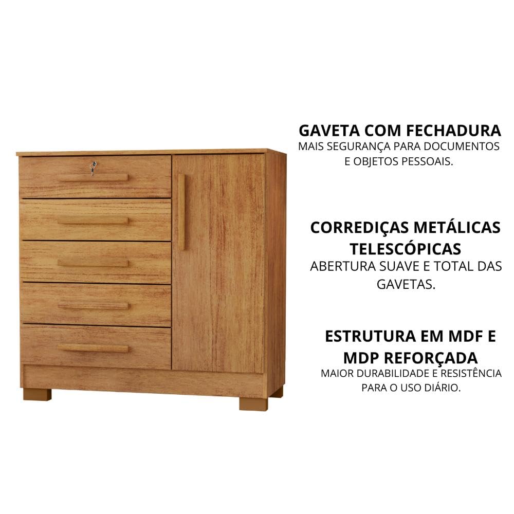 Cômoda 5 Gavetas 1 Porta Mdf Corrediças Telescópicas Repleta - Imagem 3