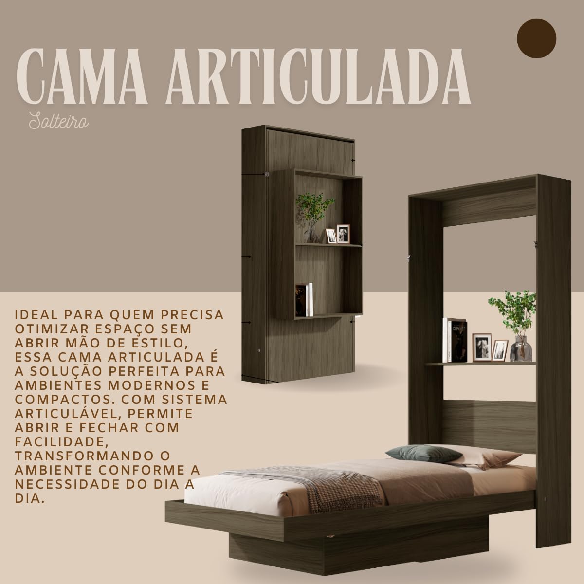 Cama Solteiro de Parede Articulada com Nichos (Castanho) em MDF e MDP, Ideal para Colchão 188x88 - Imagem 6