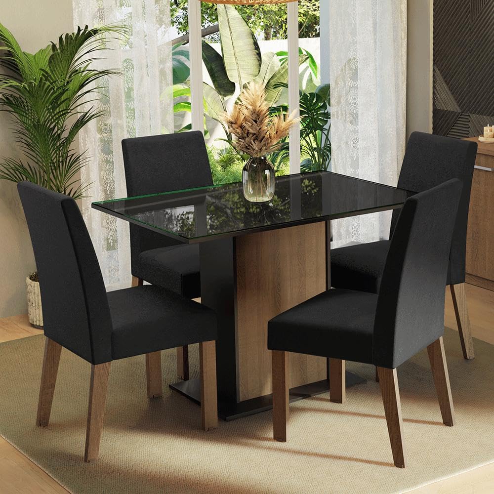Conjunto Sala de Jantar Mesa Tampo de Vidro 4 Cadeiras Rustic/preto/oxford Zion Madesa