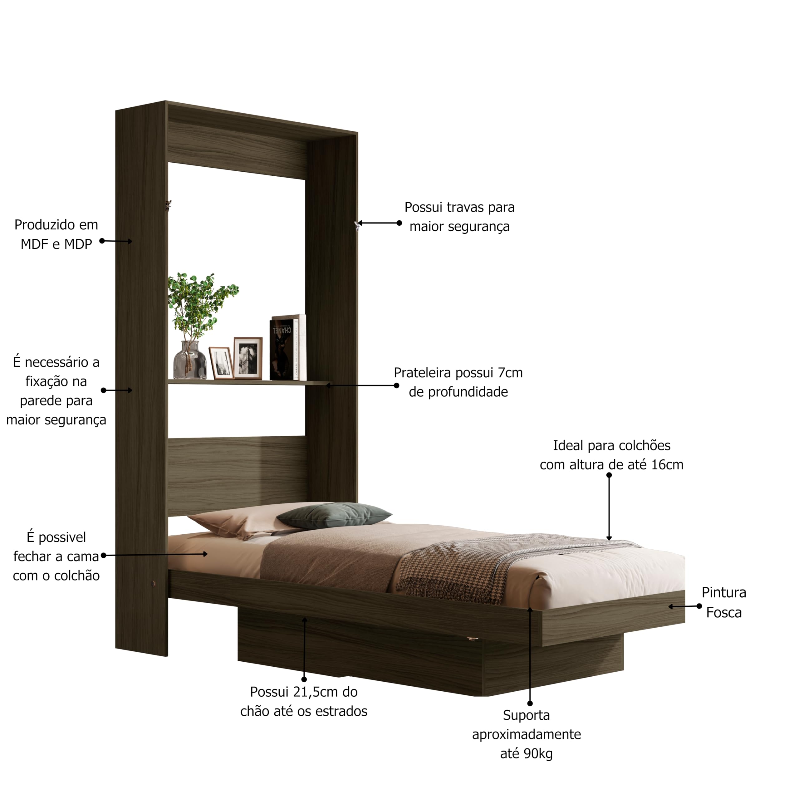 Cama Solteiro de Parede Articulada com Nichos (Castanho) em MDF e MDP, Ideal para Colchão 188x88 - Imagem 7