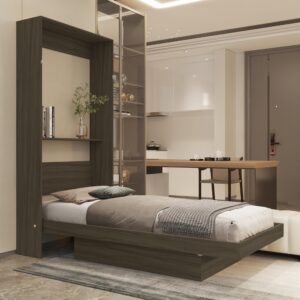 Cama Solteiro de Parede Articulada com Nichos (Castanho) em MDF e MDP, Ideal para Colchão 188x88