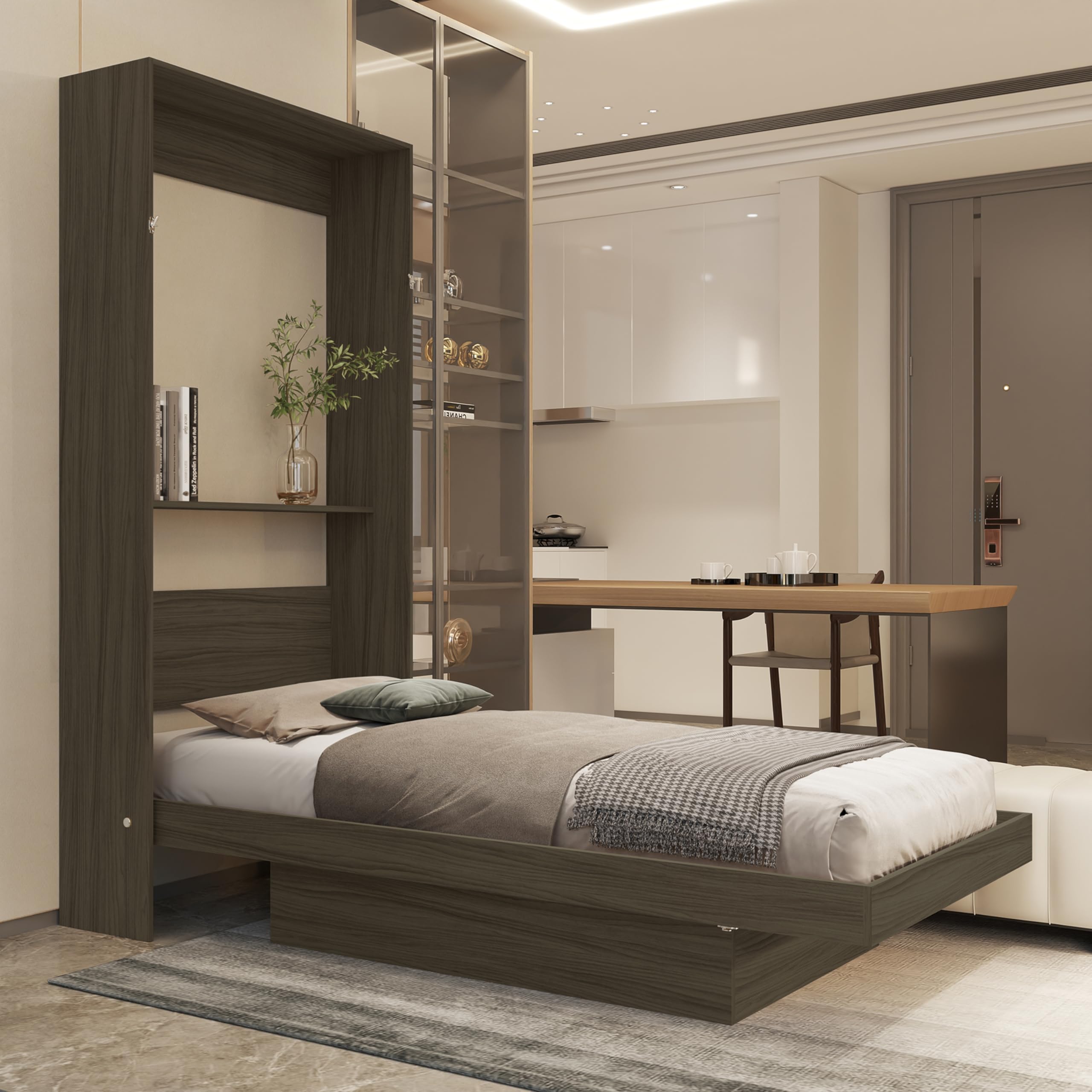 Cama Solteiro de Parede Articulada com Nichos (Castanho) em MDF e MDP, Ideal para Colchão 188x88